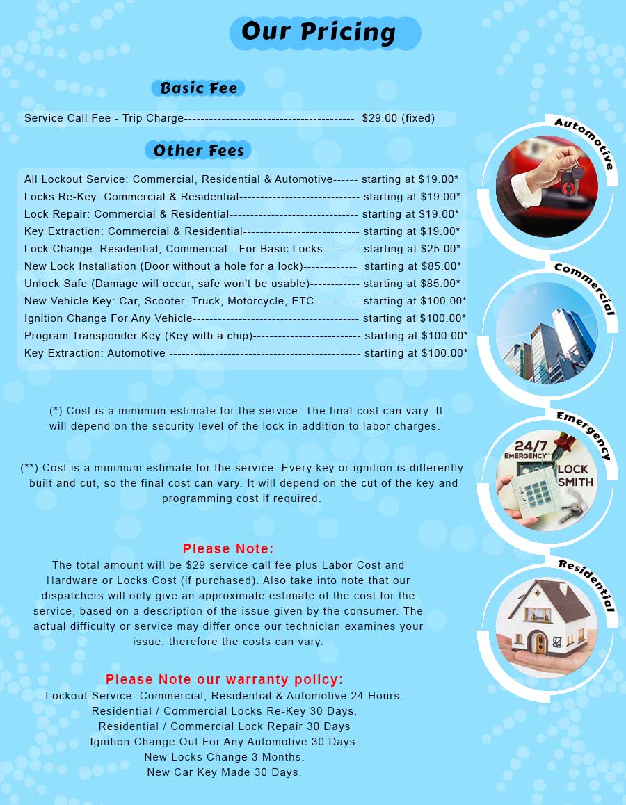 Monrovia Locksmiths Price List